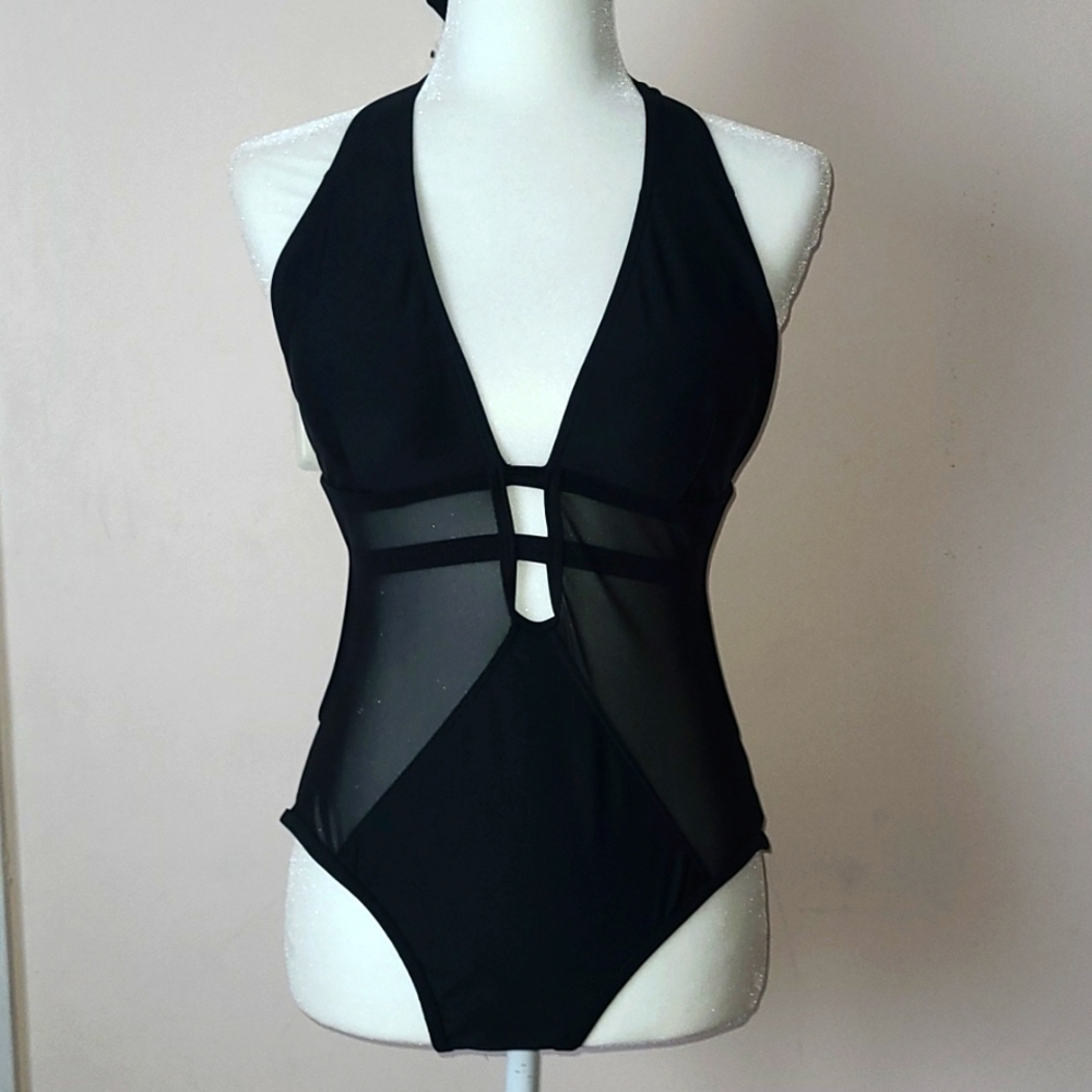 Cupshe Deep V Halter One Piece Mesh Swimsuit